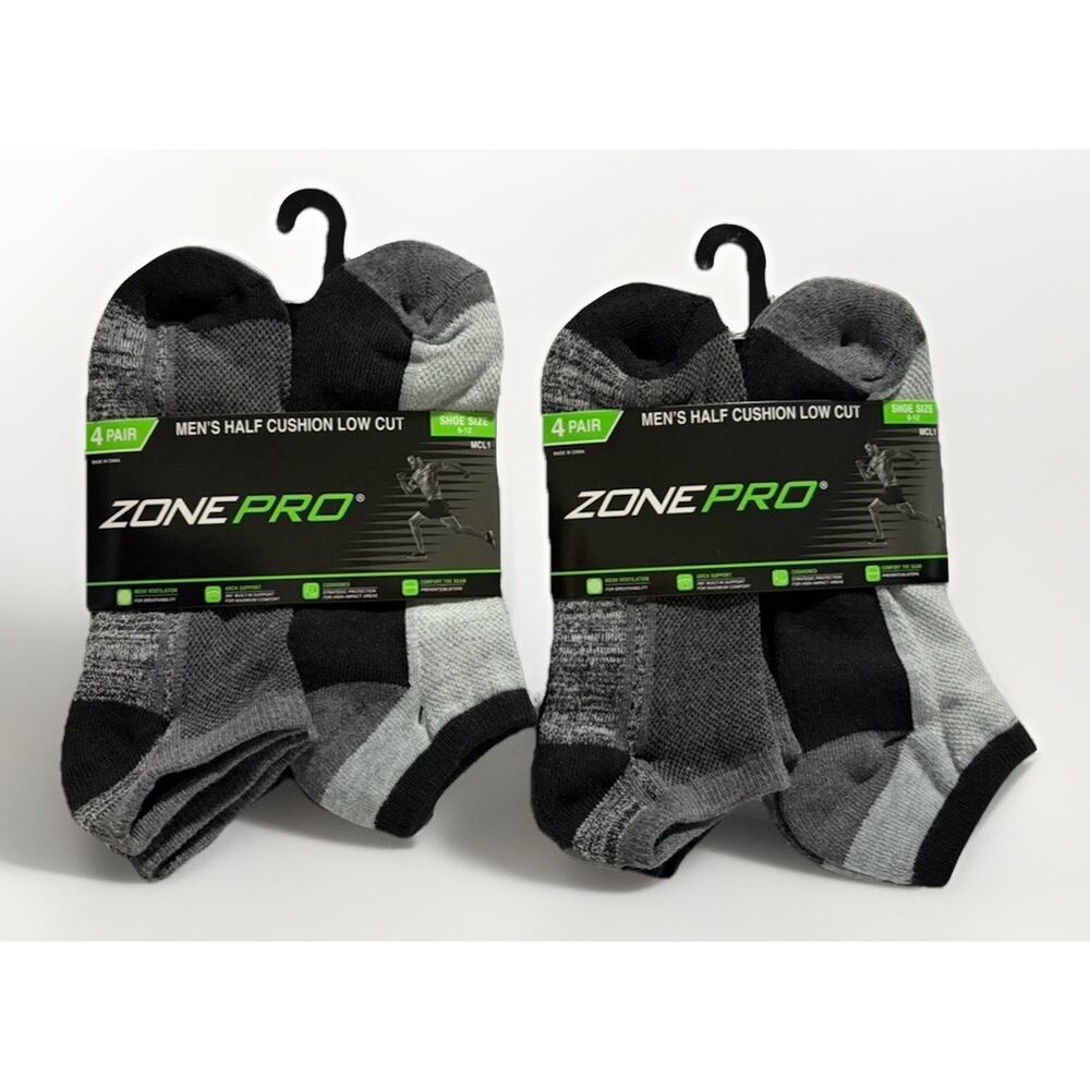 Zone Pro Men’s Half Cushion Low Cut Socks 8 Pair Gray Black Shoe Size 6-12 NEW